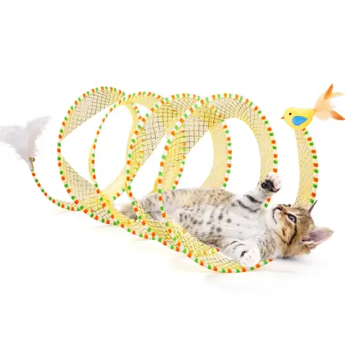 Potaroma Spiral Tunnel Cat Toy, Cat Self Play Spiral Kitten Collapsible Spring Tunnel Toy for Indoor Cats with Feather a
